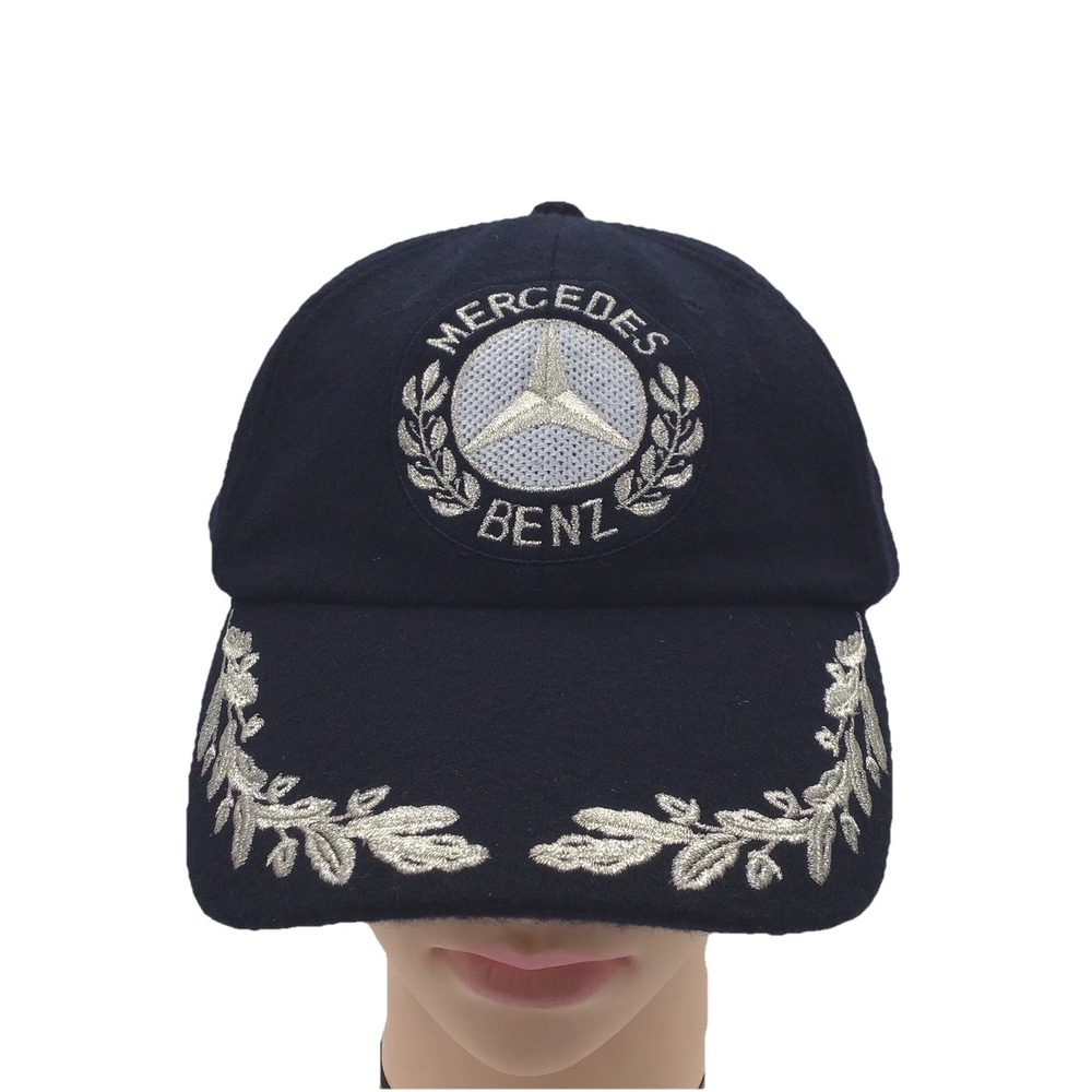 Vintage Mercedes-Benz Wool Blend Navy Embroidered Strapback Hat Cap OSFA